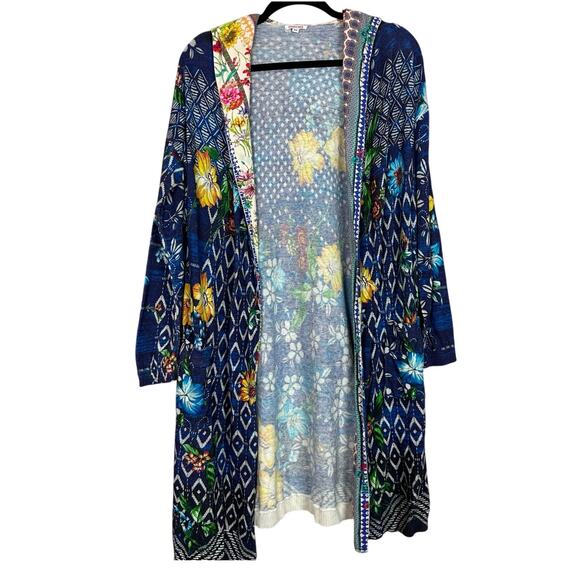 JOHNNY WAS Cotton Cashmere Printed Duster Hoodie Cardigan Blue Yellow Size XS - Picture 2 of 8